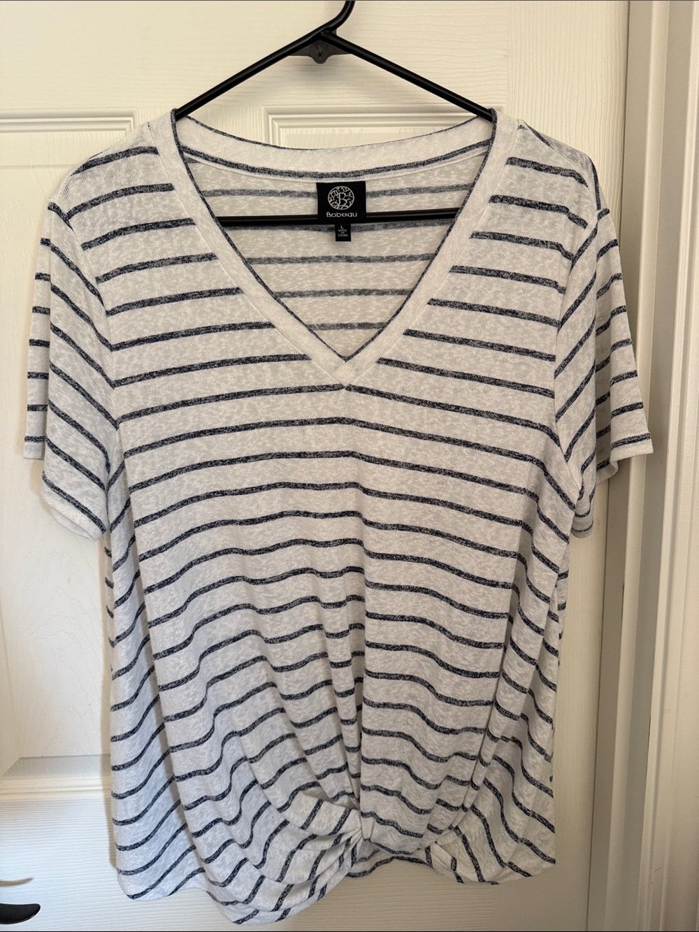bobeau White Tee with Navy Stripe & Front Twist